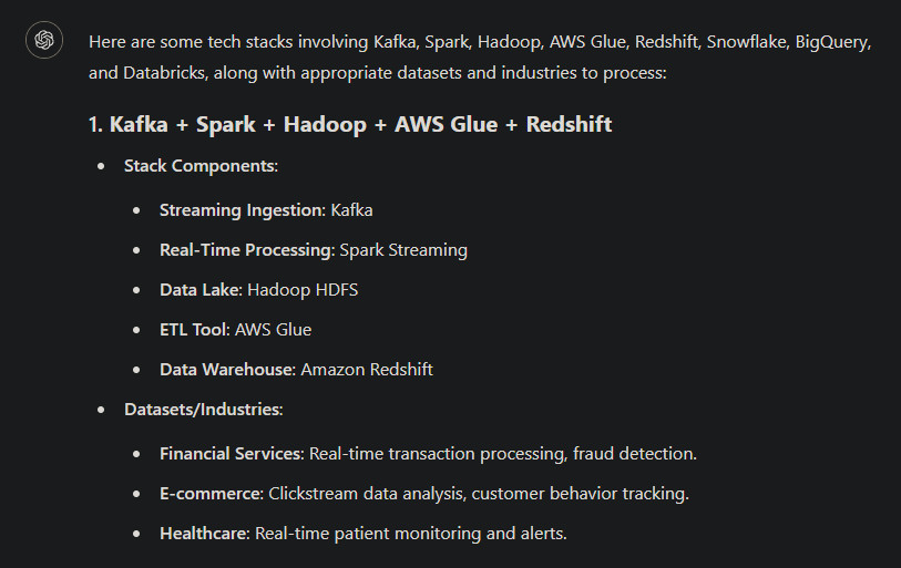 ChatGPT suggestions for data engineering stacks using Kafka, Spark, Hadoop, AWS Glue, and Redshift