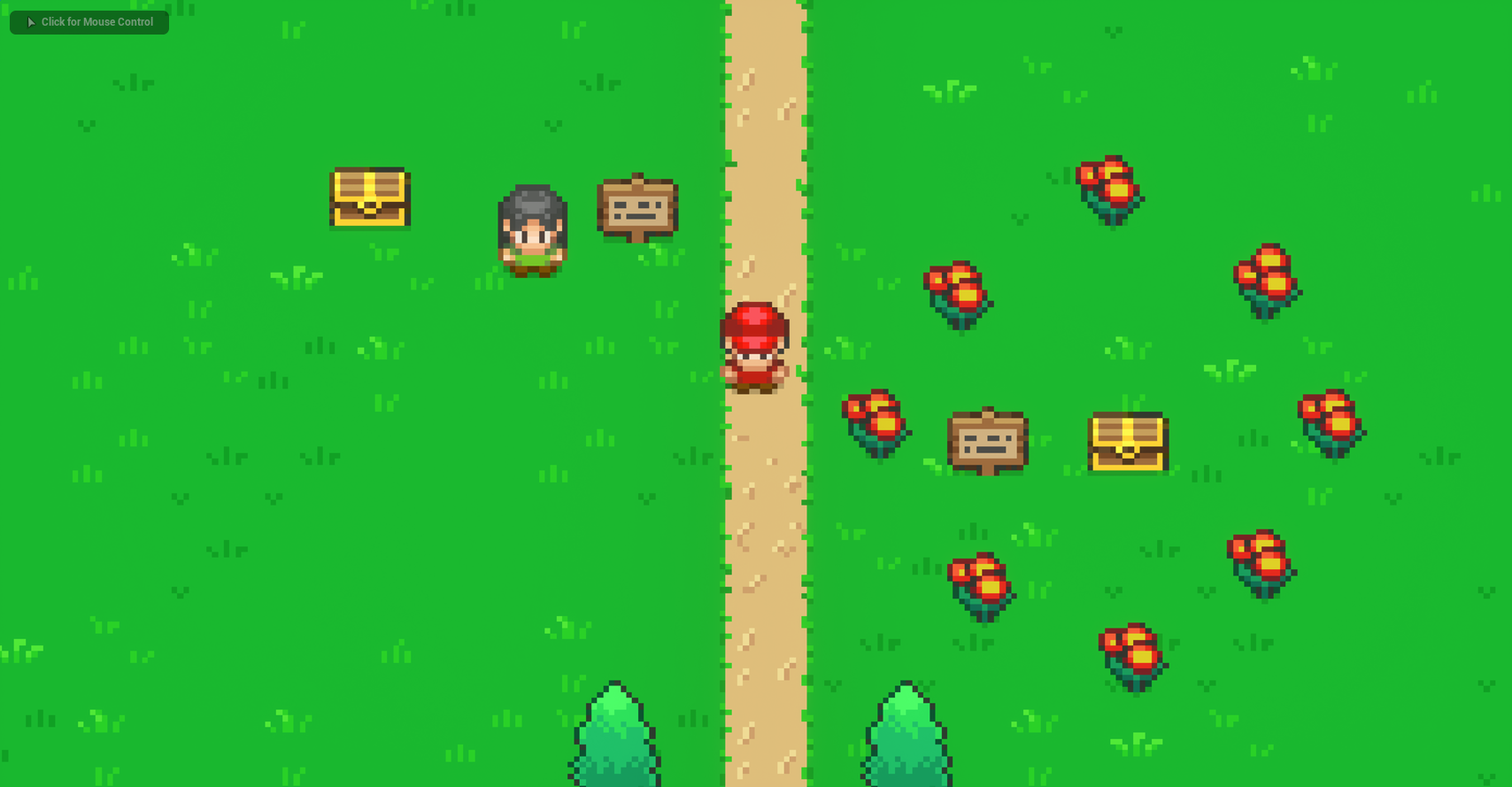 Top-down pixel art game scene with a character, treasure chests, signs, flowers, and an NPC